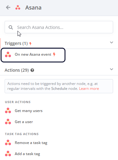 Asana 节点操作列表截图，显示列表顶部的"推荐"部分